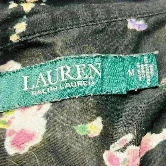 LAUREN RALPH LAUREN Black Floral 3/4 Sleeve Cotton Button Down Size Medium - Picture 8 of 14